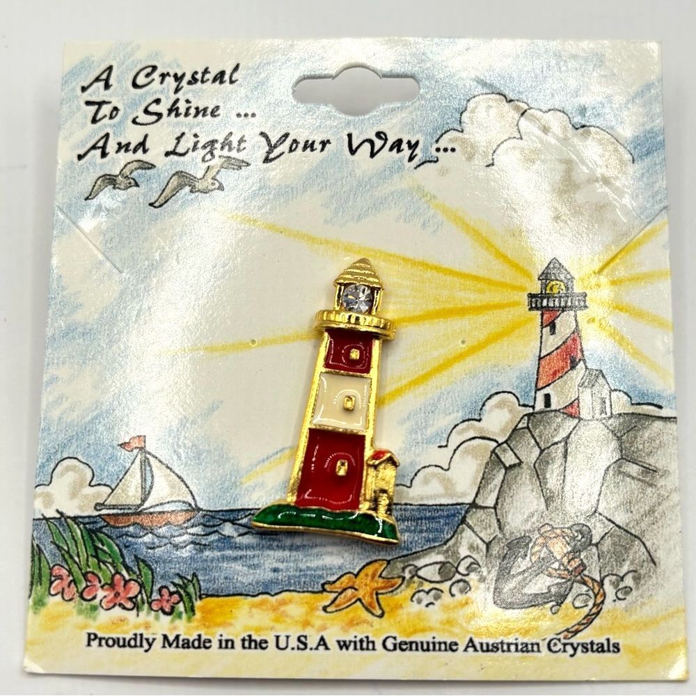 Lighthouse Lapel Pin Red and White Enamel Pin Genuine Austrian Crystal Brooch